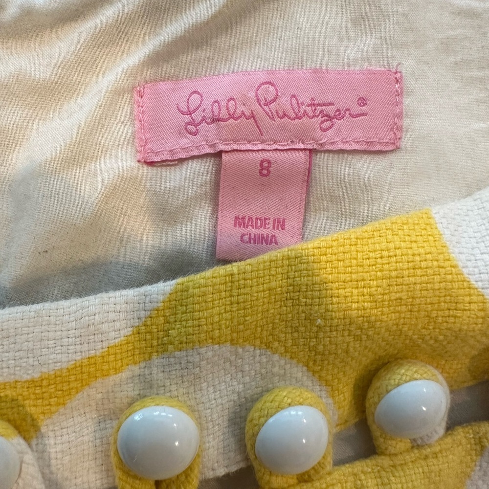 Lilly Pulitzer Linen Shift Dress Yellow Polka Dot Mod Buttons Sleeveless Sz 8 - Picture 3 of 7
